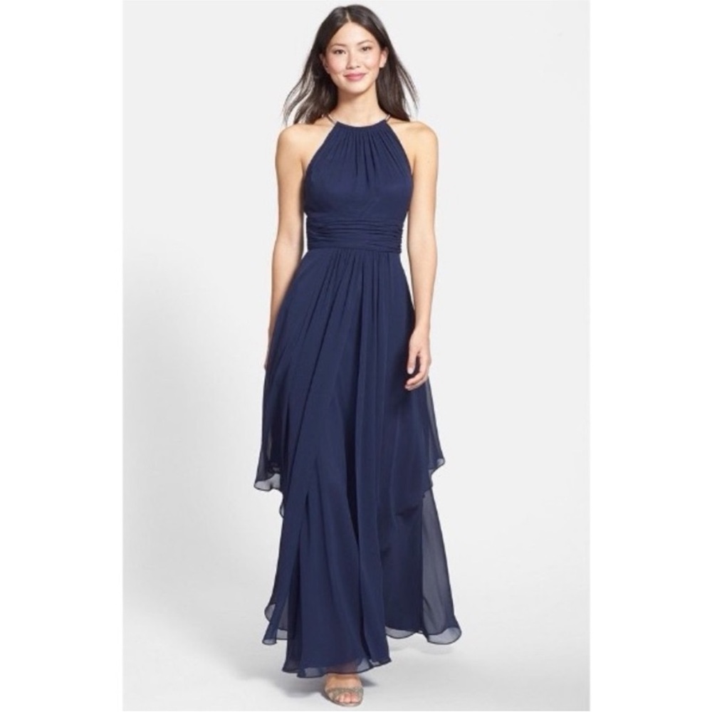 Eliza J Tiered Chiffon Gown Navy- worm once